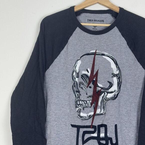 TRUE RELIGION TRBJ Skull Raglan LS MEN T-SHIRT Grey/Black Y2K Grunge Sz M $99 - Picture 9 of 13
